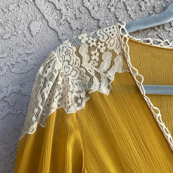 ASOS Mustard Yellow Saffron Chiffon Boho Lace Crochet Ruched Mini Dress - Picture 6 of 13